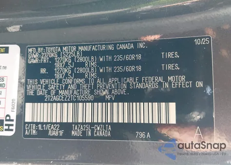 2026 Lexus Nx Nx 350 из США, поврежденный, VIN 2T2AGCEZ2TC105590